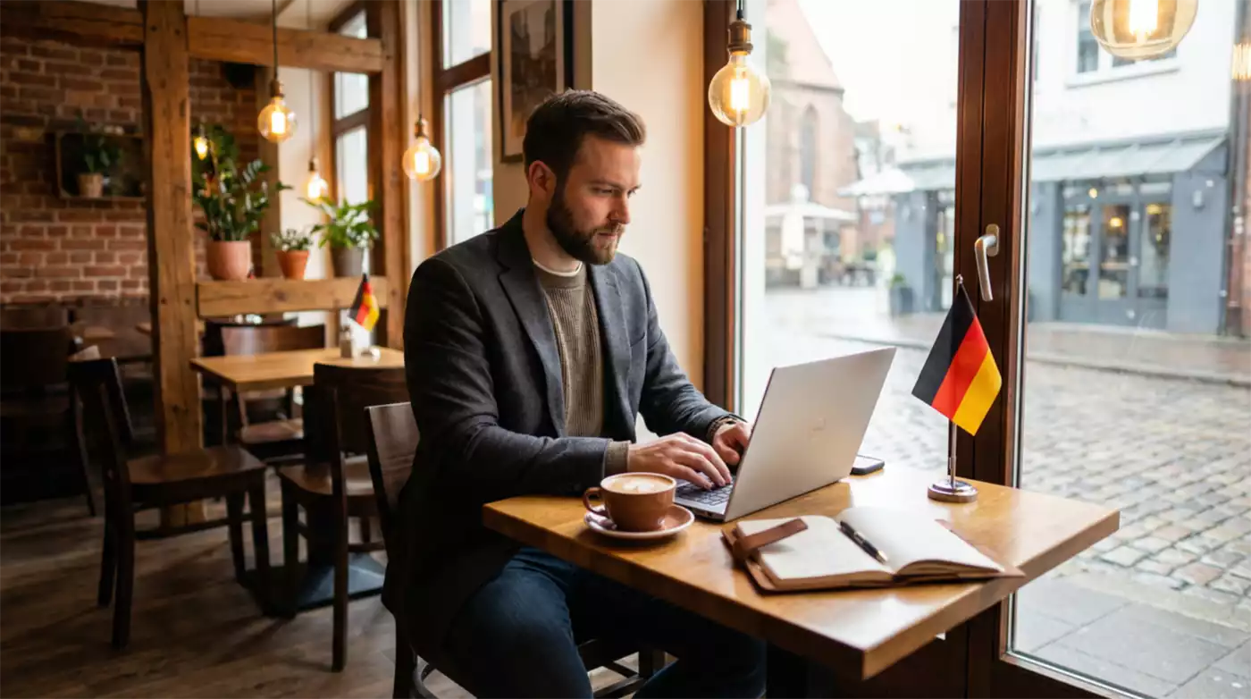 Germany freelancer residency Freiberufler, professional working from a German cafe
