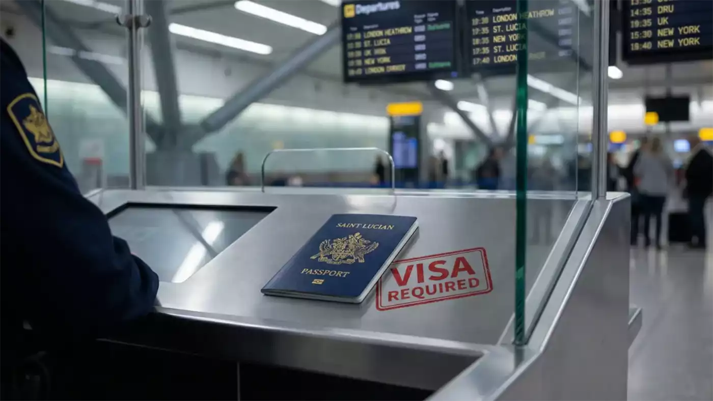 Saint Lucian passport at UK airport border control with visa required stamp, representing new UK visa requirement for Saint Lucian nationals