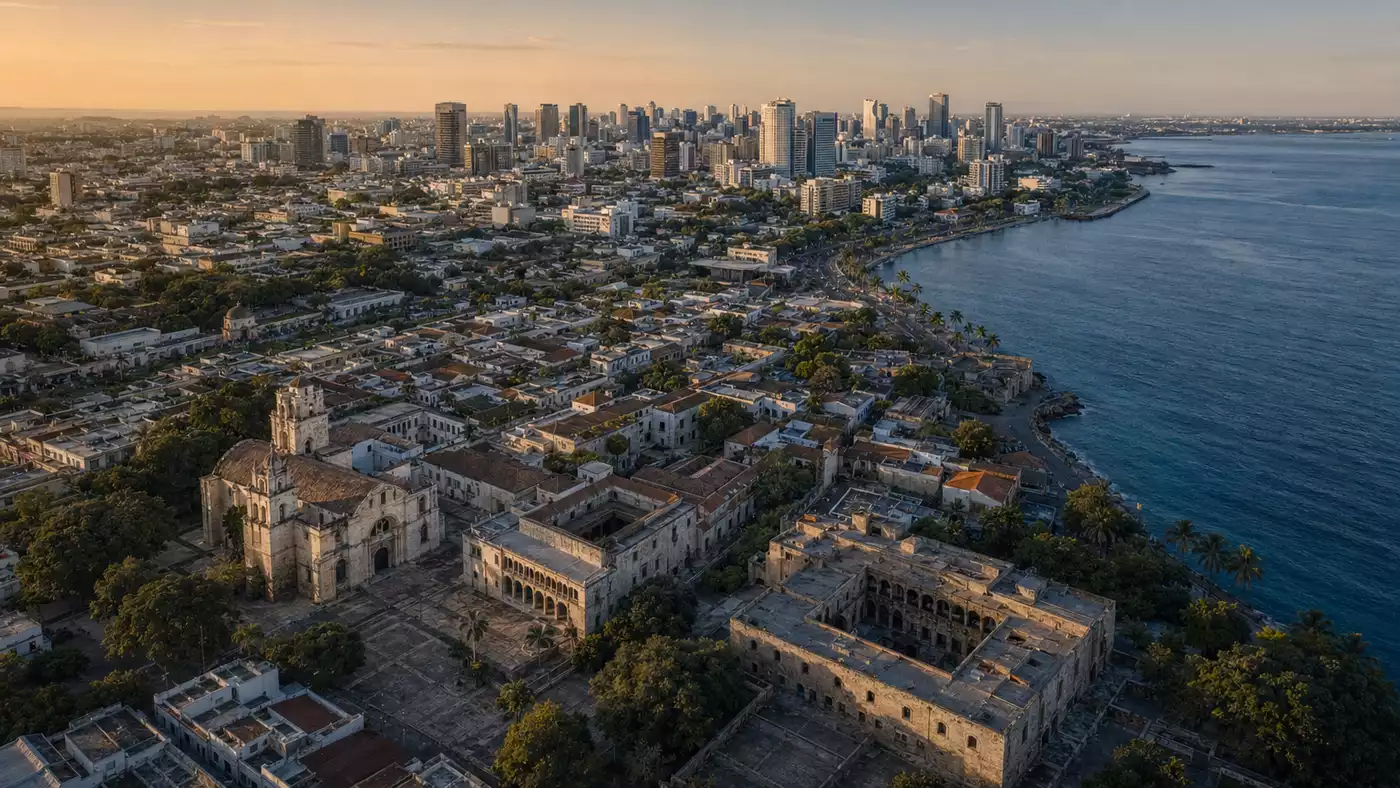 Aerial view of Santo Domingo Colonial Zone and Caribbean coastline, Dominican Republic Residency by Investment program, NTL International.