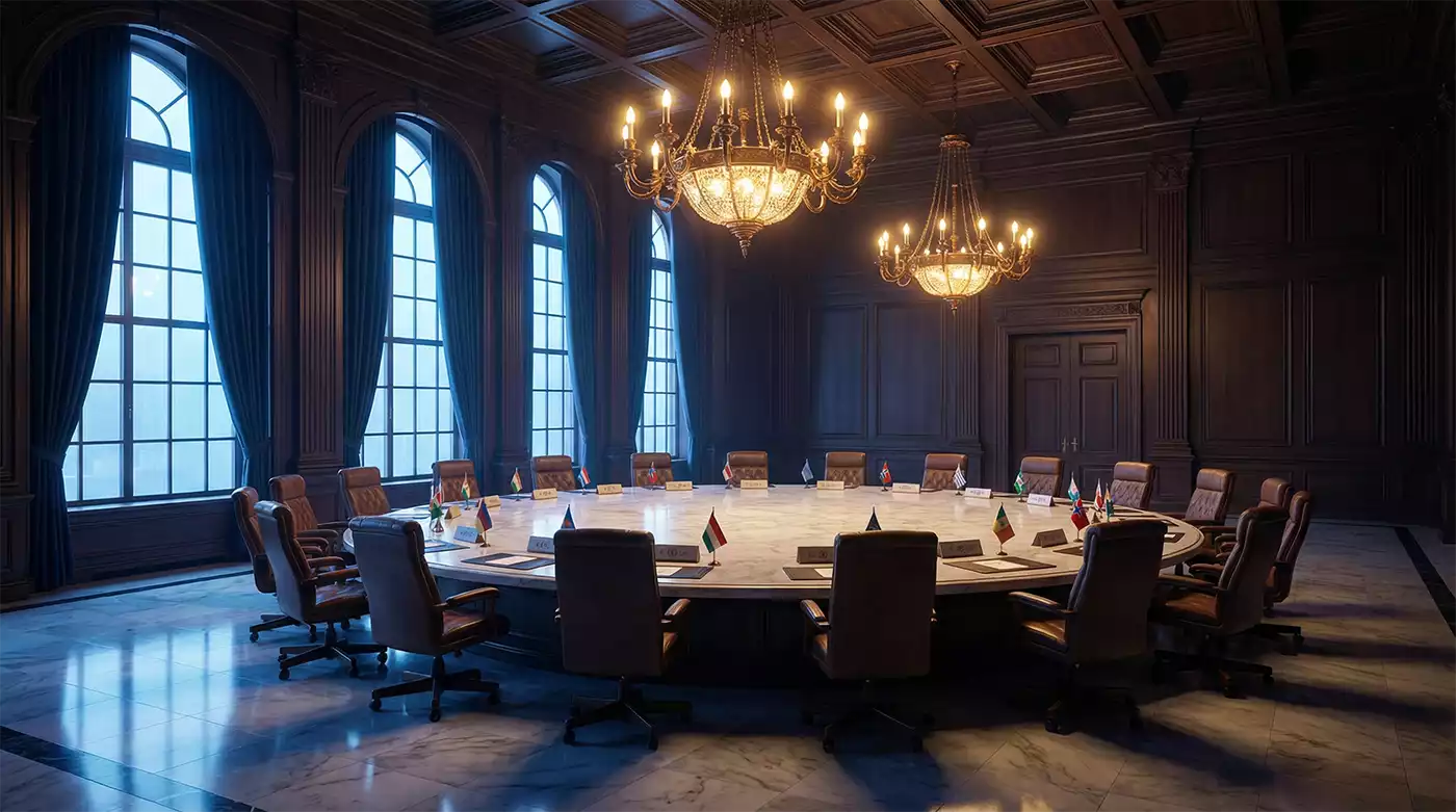 قمة مجموعة العشرين للحوكمة الاقتصادية العالمية, طاولة مؤتمر دبلوماسية مع أعلام وطنية, تحليل NTL International 2026