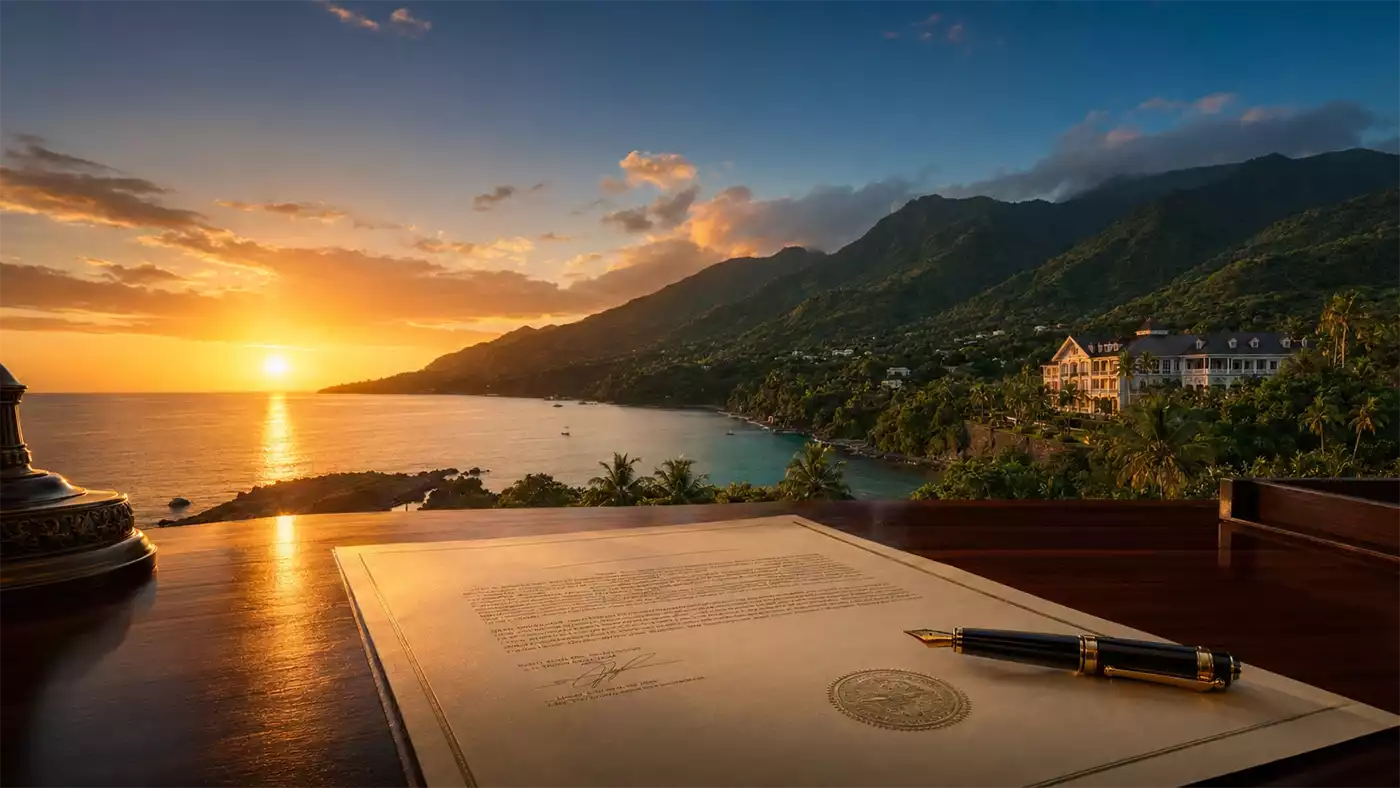Roseau waterfront Dominica at sunrise — Dominica Citizenship by Investment 2026 Regulatory Compliance