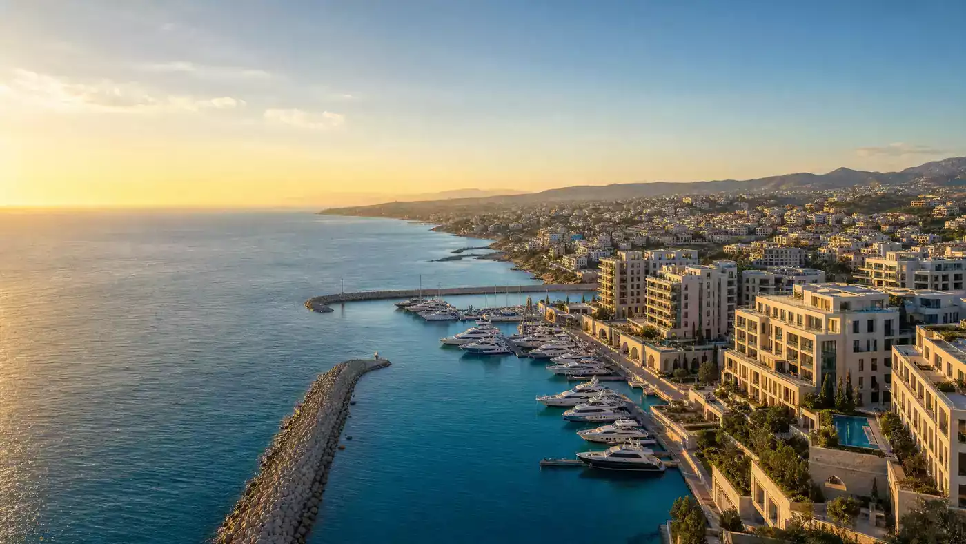Aerial view of Limassol marina and Mediterranean coastline at golden hour, illustrating Cyprus Golden Visa residency by investment 2026