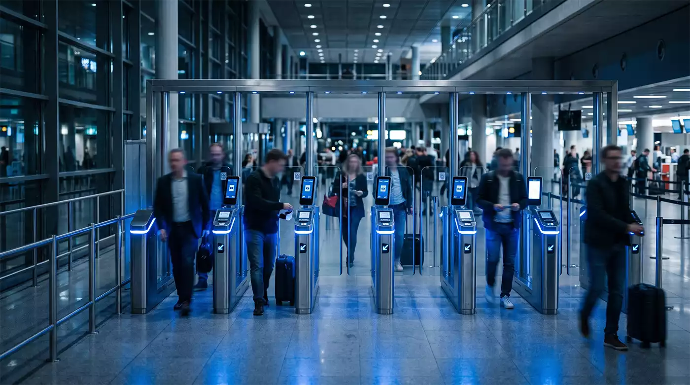Biometric e-gates at a European airport terminal representing new EU EES and UK ETA border requirements for 2026 travelers
