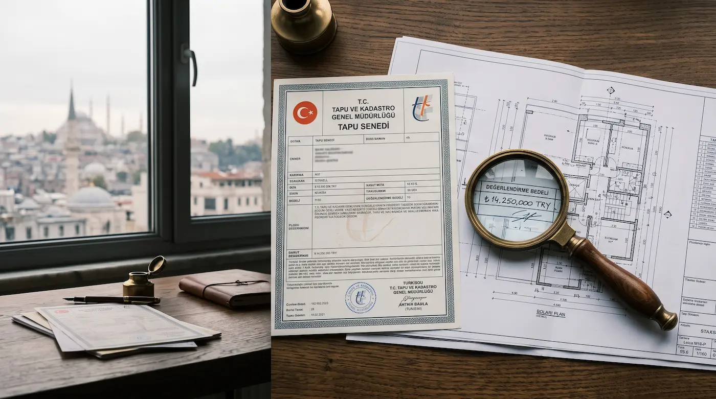 Property title deed and valuation documents under review, representing Türkiye citizenship by investment due diligence in 2026