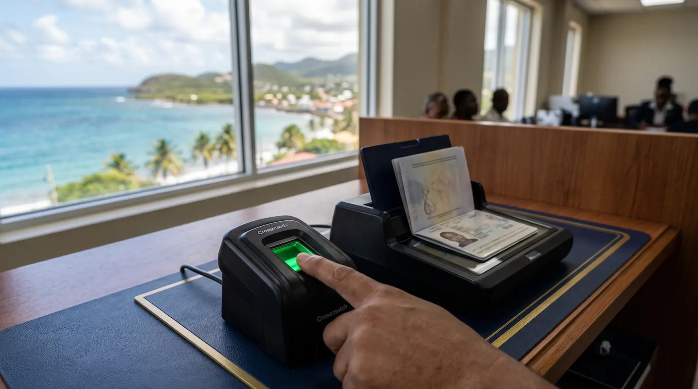 Biometric enrollment scanner at a St. Kitts and Nevis passport service center representing the 2026 biometric passport modernisation programme